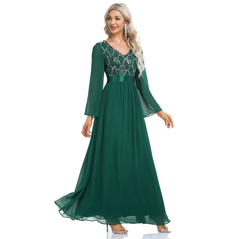 Plus Size Women Elegant V-neck Long Sleeve Sequin Evening Dress A-Line Chiffon Wedding Party Gown For Bridesmaid 2022 New Gown