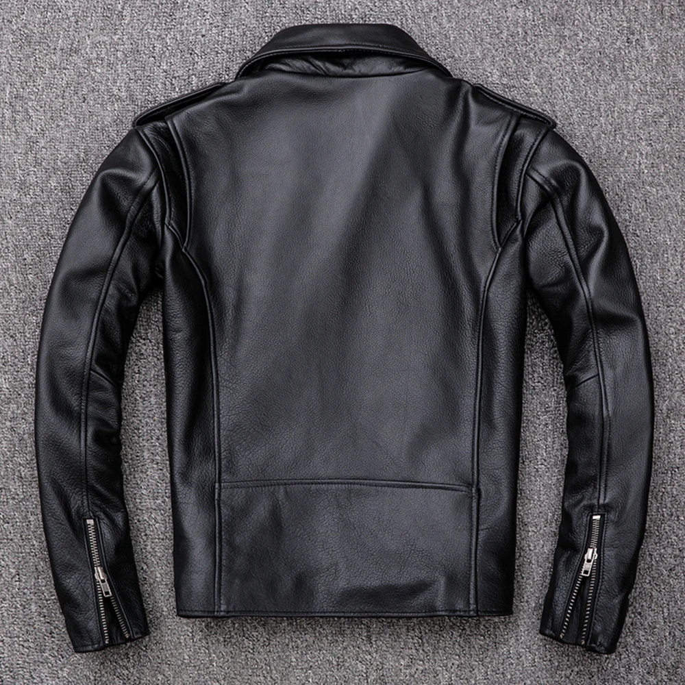 Classical Spring Motorcycle Oblique Zipper s Men Leather Natural Calf Skin Thick Slim Cowhide Moto Biker Jacket Man