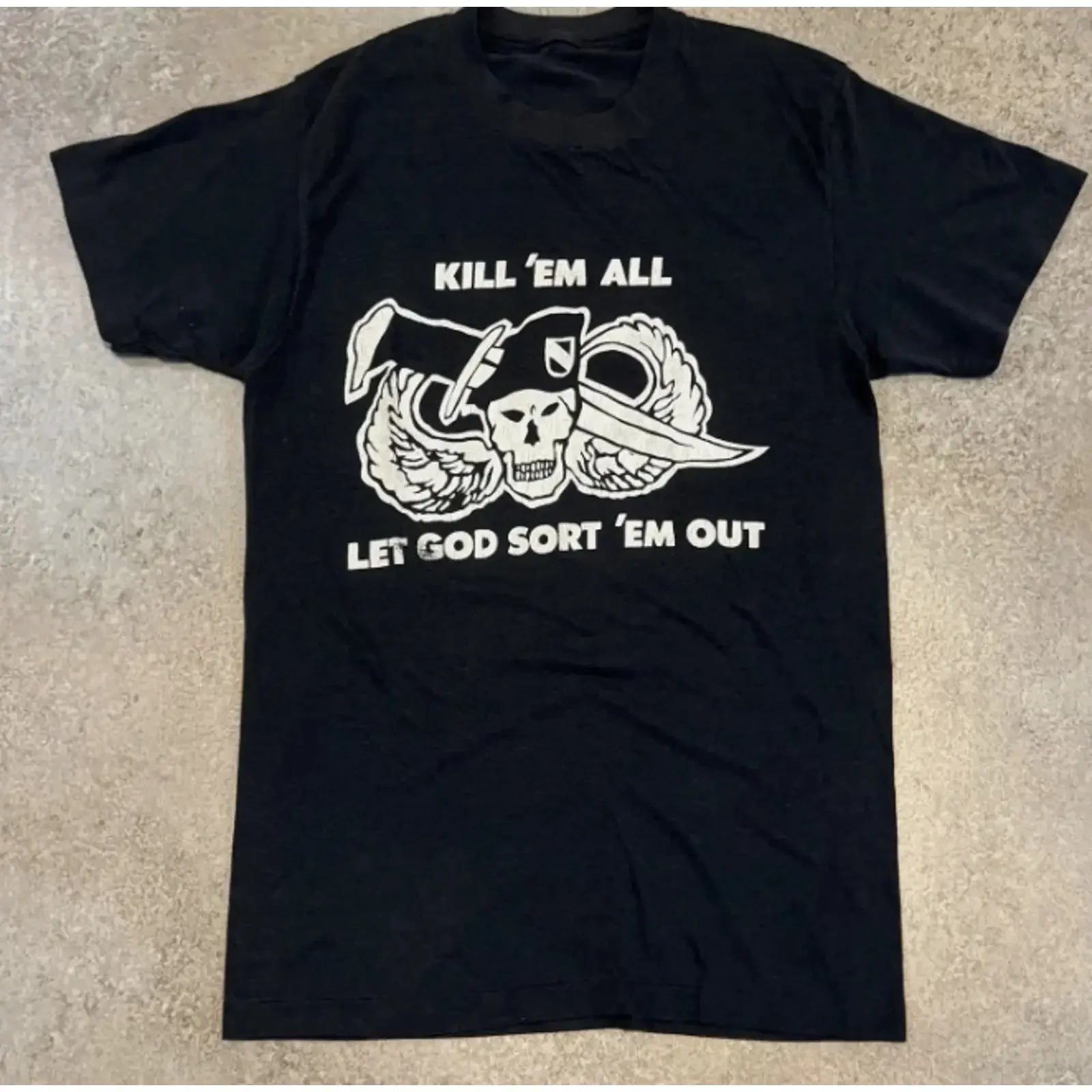 Vintage 80s Kill Em All T Shirt S M Let God Sort Out Military  vintage Washed Unisex homme fashion Slightly Stretched