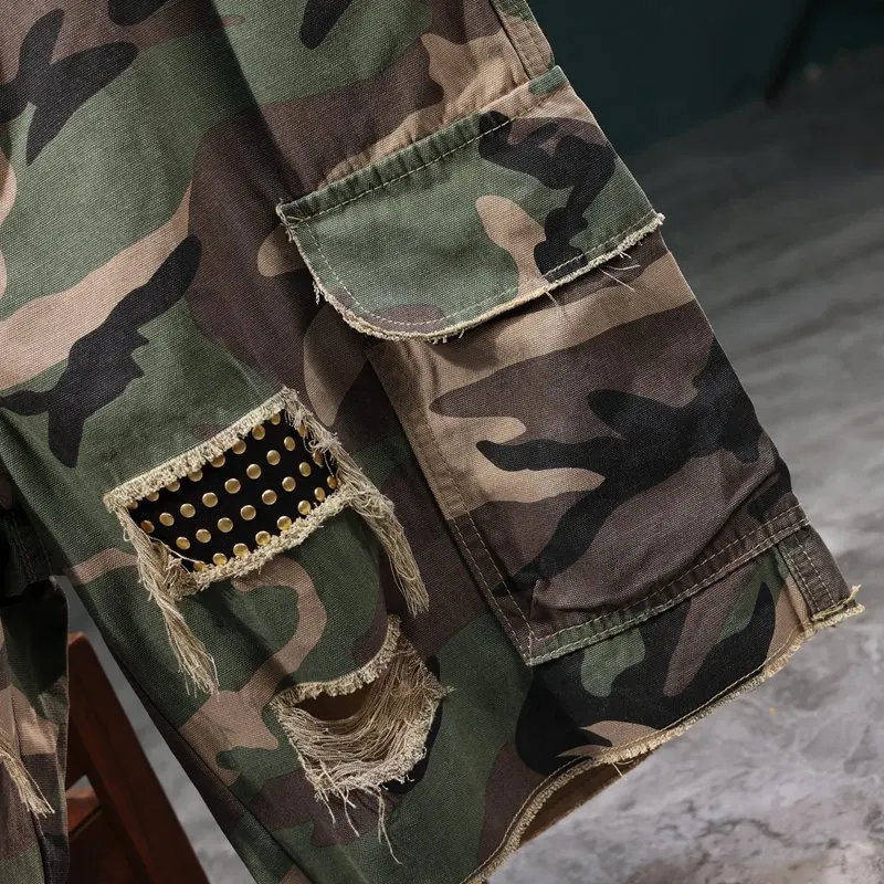 Workwear Camouflage Shorts Men's Summer Hole & Patch Street Design Loose Casual Cool Trendy Capris Men's Clothing