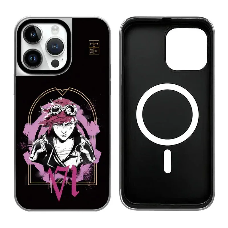 Graffiti Game Anime Character Silver Border Mirror Magnetic Phone Case Cover for IPhone 12 13 14 15 16 Pro Max Case