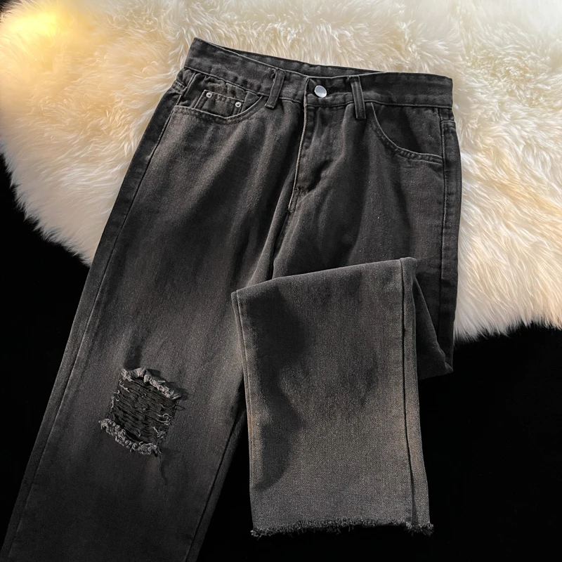 Men's Black Ripped Jeans Spring/summer Loose Straight Leg Denim Pants Korean Casual Fashion Solid Color Male Trousers