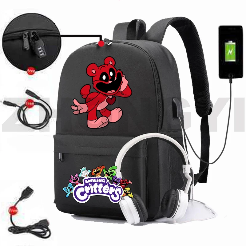 Anti-theft Smiling Critters Waterproof Backpack Men Travel Sport Bags Kids Cartoon Cute Schoolbags USB Charging Nylon Bookbag