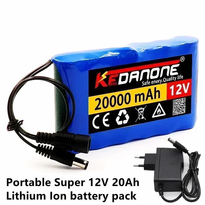 12v 18650 20000mAh DC 12.6V 20Ah Li-Ion Battery with EU Plug 12.6v Charger and 1a DC Bus Header Cable