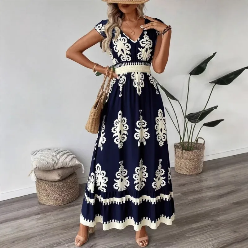 Verão boho férias praia vestido de impressão verão moda cintura alta magro casual decote em v balanço elegante senhoras escritório vestidos longos