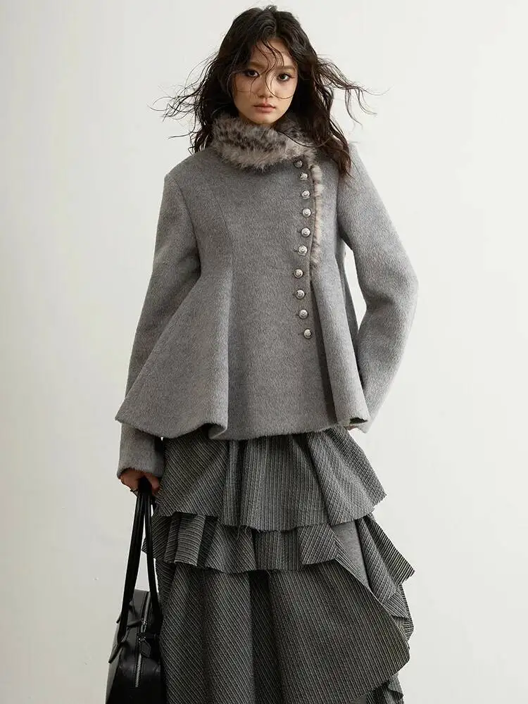 Slim A-line Gray Elegant Woolen Coat New Leopard Fur Lapel Long Sleeve Women Jacket Fashion  Autumn Winter 2026 5KIS