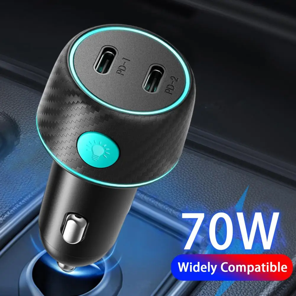 Professional 70W High Power Output Flame Retardant Material Type C Auto Phone Charger with Ambient Light Auto Accessory