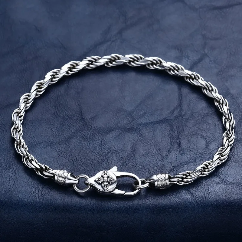 BOCAI 4MM Trendy 100% S925 Silver Retro Six-character Mantra of Buddhism Vajra Hand-woven Hemp Rope Bracelet for Men and Women