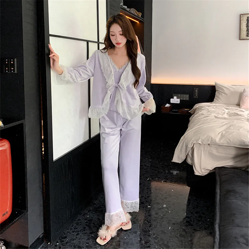 

Lace Trim Island Velvet Women's Pajamas 3Pcs Set Loungewear Sleepwear Pijamas Suit Loose Casual Home Clothes Pyjama