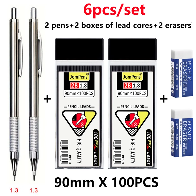 Set van metalen mechanische potloden van 0,5/0,7/0,9/1,3/2,0 mm met verwisselbare potloodstiften, voor gebruik op kantoor, op school, voor schetsen en schrijven.