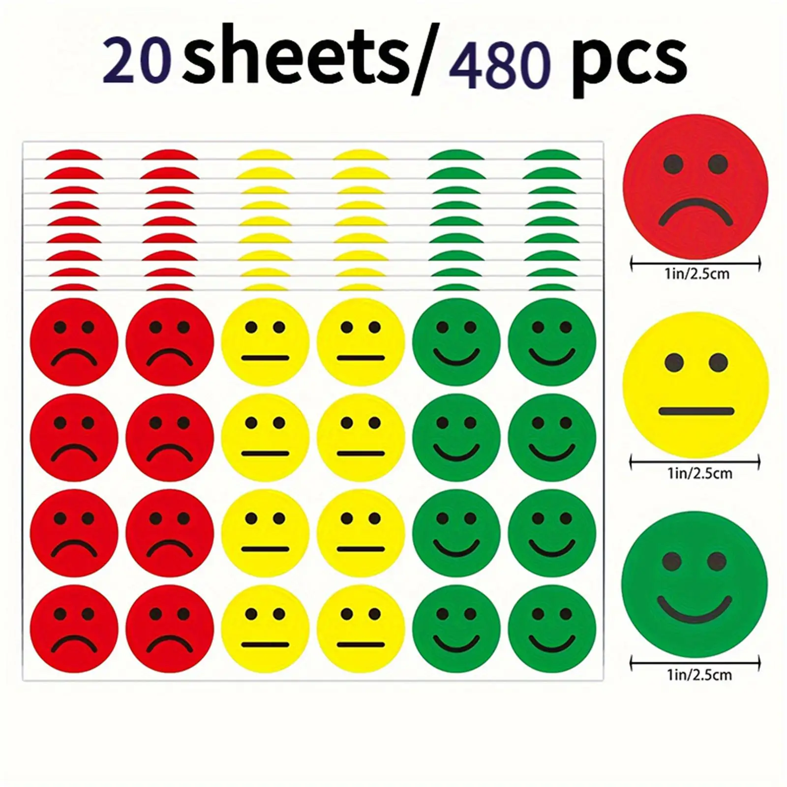 20 Sheets/Pack, Each Sticker Is 1 Inch/2.5Cm, Red, Yellow, and Green Three-Color Emoticon Round Stickers, Envelope Decoration Emoticon Stickers, Three Types of Emoticons, Emotion Expression Stickers