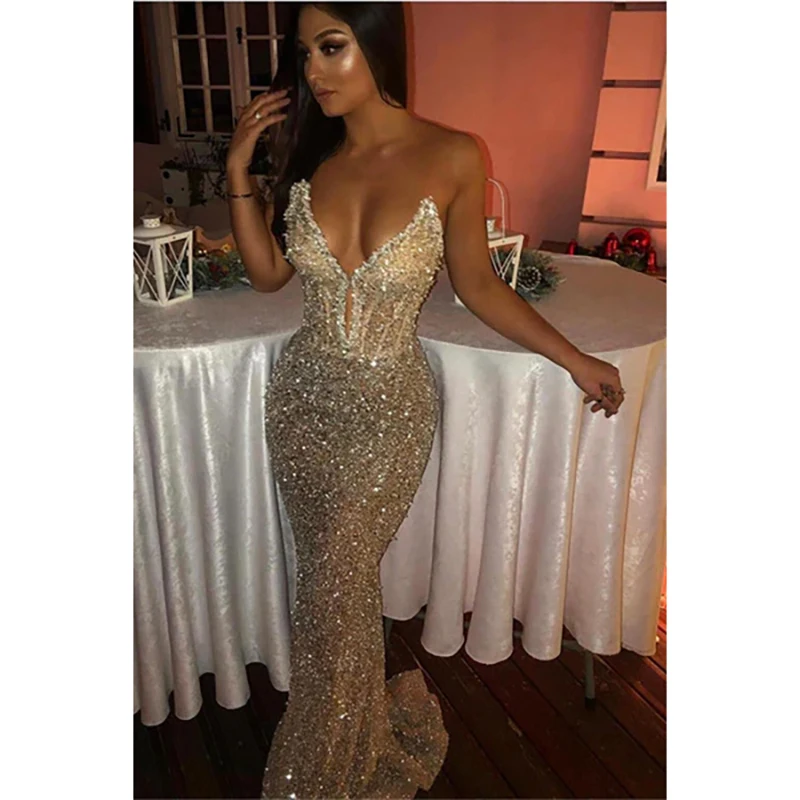 

Sexy Women Evening Dresses 2025 Special Occasion Sleeveless Strapless Sequined Gowns Sweep Train Customzied Mermaid