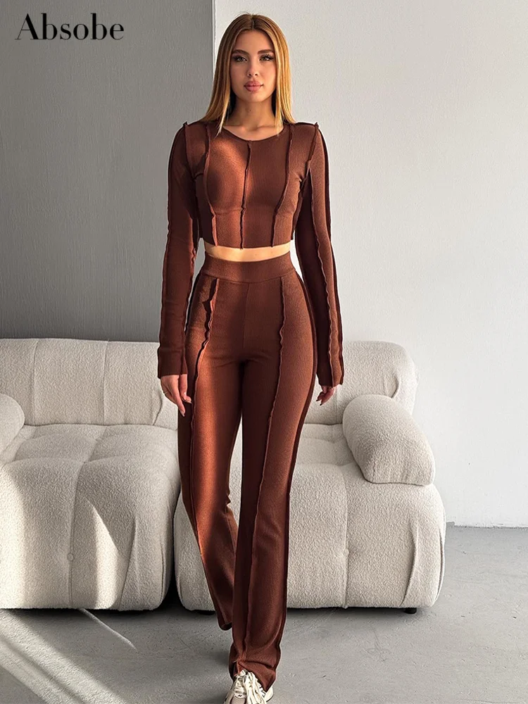 Absobe Solid Irregular Patchwork Trousers Leisure Suit Women Crew Long Sleeve T-shirt Pants Slim Versatile Outfit Streetwear