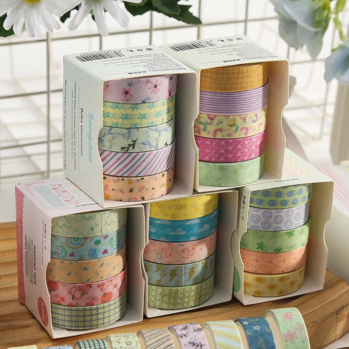 5 Roll Small Fresh Pattern Washi Tapes, Floral, Star, and Heart Print Masking Tapes, for Decorating Scrapbooks, Artwork Statione