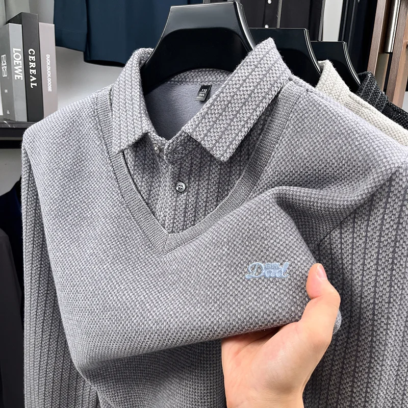 Luxury Man Long-Sleeved Polo Shirt False Two-Piece Lapel Button Letter Embroidery Thicken Fleece-Lined Winter New Tops Leisure