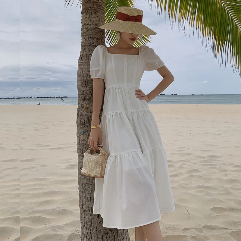 Vestido largo de lino y algodón para mujer, traje blanco con cuello cuadrado, manga abombada y volantes, holgado e informal, estilo Lolita, para vacaciones y playa, 2021