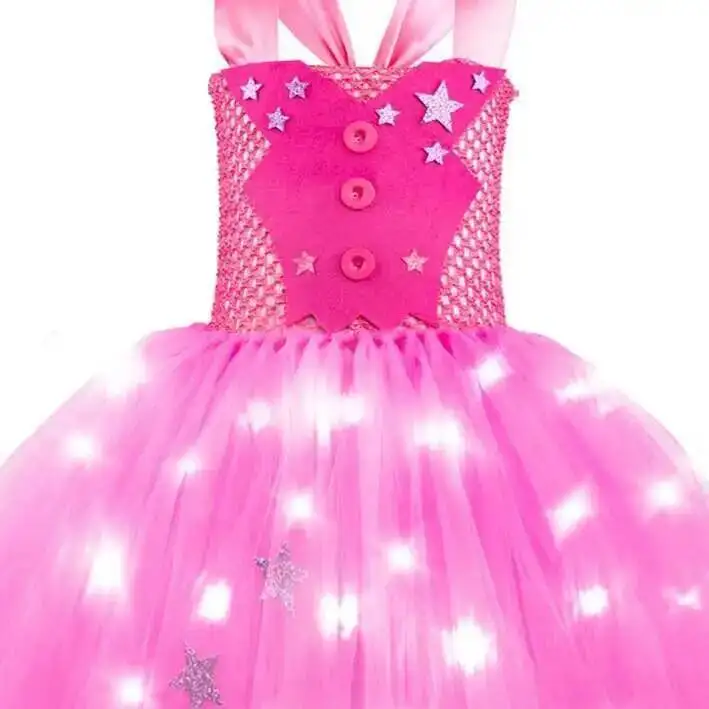 Led Lights Hot Pink Cowgirl Costumes for Girls Ballet Tutu Dress with Cowboy Hat & Scarf Kids Christmas Halloween Party Outfit view 6