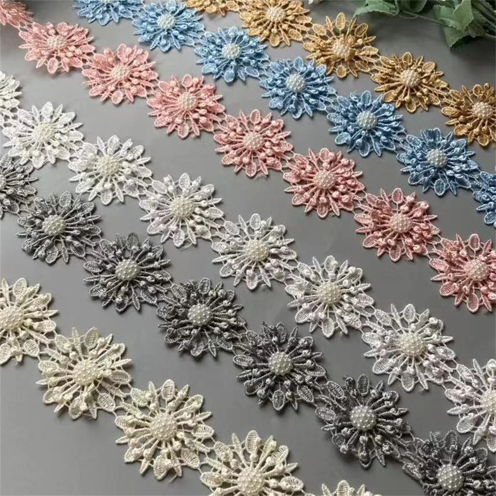 10 pz/lotto Fiore di Perle Organza Tessuto Del Ricamo Patch di Pizzo Trim Nastro Vestiti 3D Che Borda Fiore Abito Da Sposa FAI DA TE Applique 5 cm