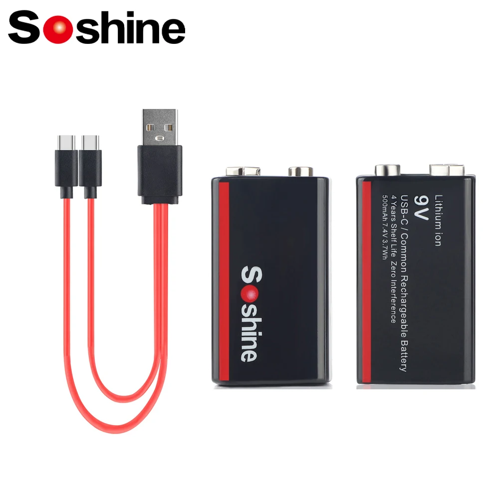 Soshine 9V 500mAh Low Self-discharge Battery 9 Volt Li-ion Rechargeable Batteries with 2-in-1 USB Cable for Smoke Alarms Toys