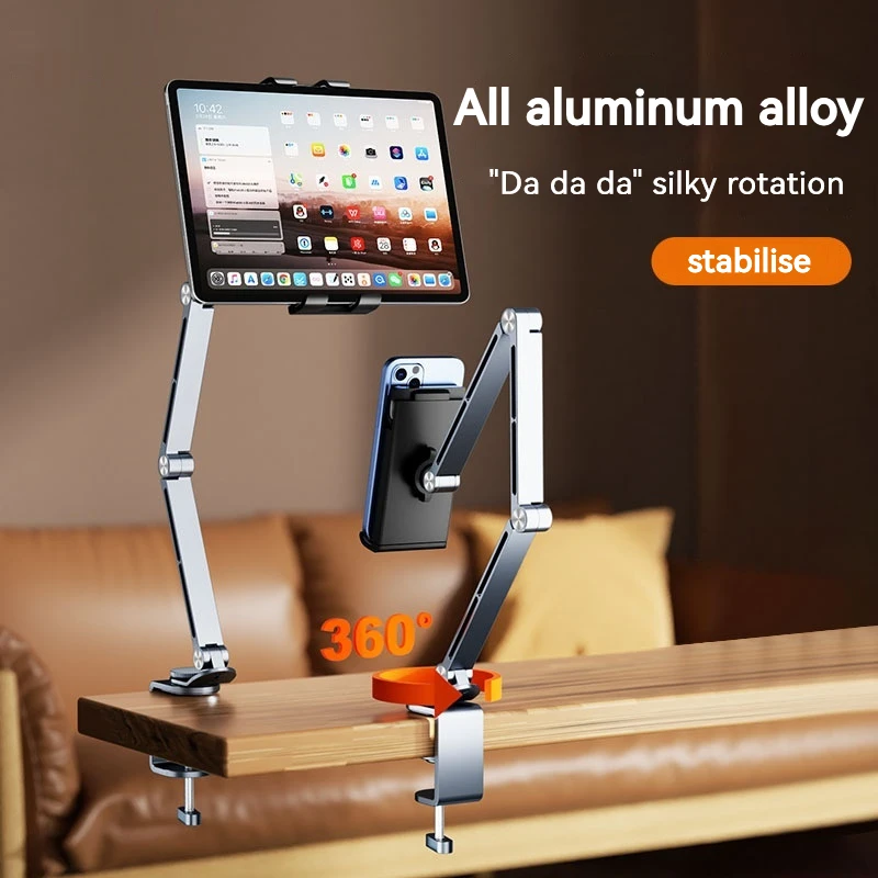 Aluminium Tablet Phone Holder 360 Mechanical Rotation Long Arm Lazy Bracket Folding Desktop Clamp Phone Stand For ipad iPhone