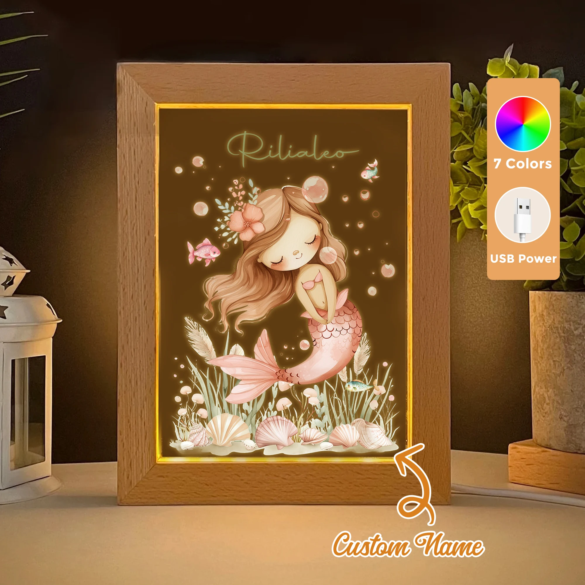 

2D Flat Custom Name Cartoon Mermaid And Shell LED Acrylic Night Light Wood Photo Frame 21x17cm Child Bedroom Gifts Home Decor