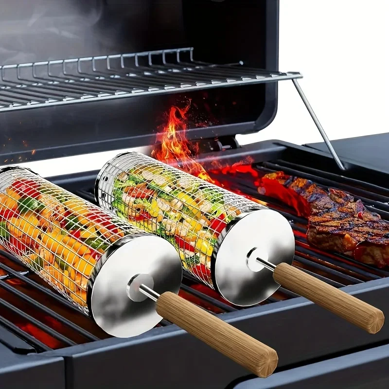 Jaula para barbacoa de acero inoxidable 304 con asa, cesta para parrilla resistente al calor, juego de herramientas portátiles para barbacoa al aire libre, 1 ud. ﻿