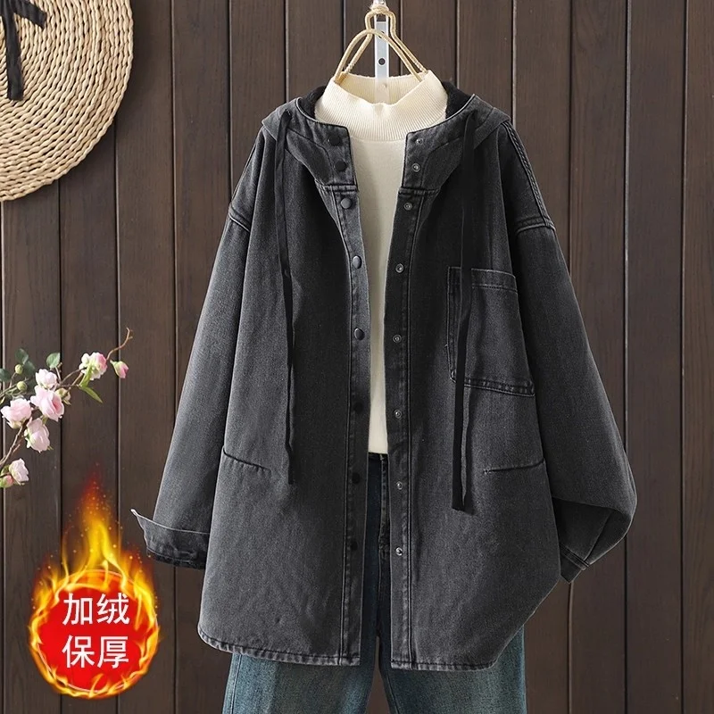대형 사이즈 루즈하고 푹신한 두꺼운 데님 셔츠 재킷 여성용 따뜻한 탑 좋은 품질의 후드 청바지 코트 w1368