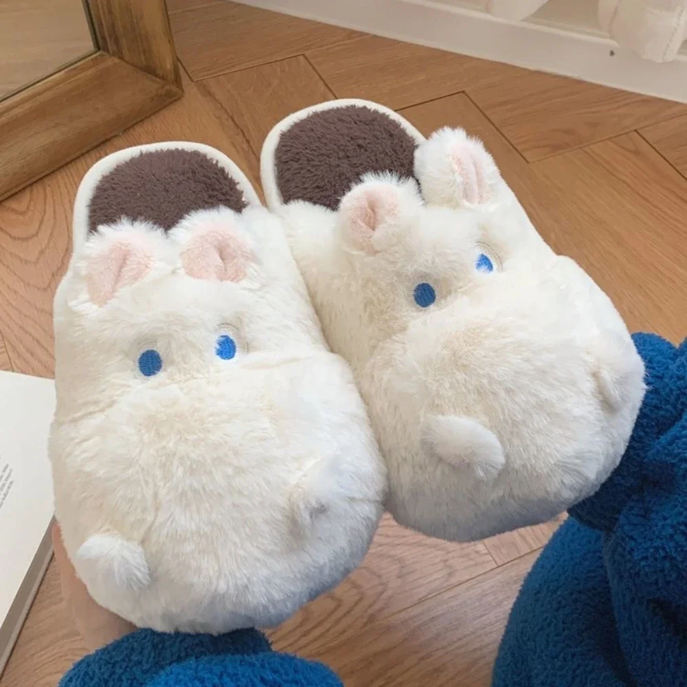 Winter Women Cute Home Plush Slippers Cartoon Hippo Warm Faux Fur Lining Fluffy Cozy Flat Non Slip Sole Ladies Shoes