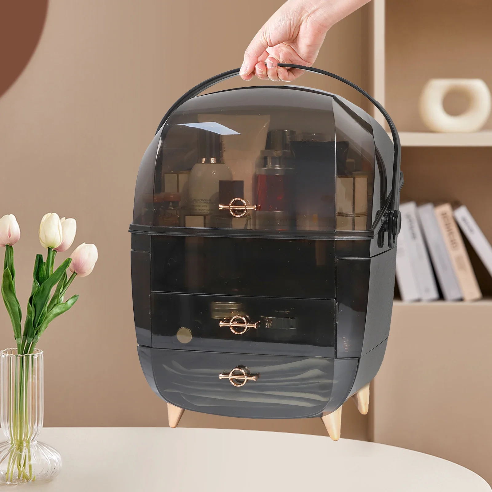 Organizer do makijażu do toaletki, przenośne organizery do pielęgnacji skóry z pokrywką i szufladami, schowek na makijaż i gablota na kosmetyki do liczenia