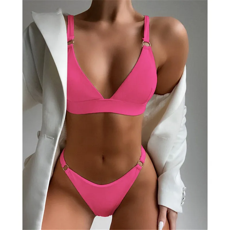 2024 New Sexy Ribbed Ring Bikinis Swimsuit Women Push Up Swimwear Solid Bikini Set Summer Beach Brazil Biquini Swim Bathing Suit