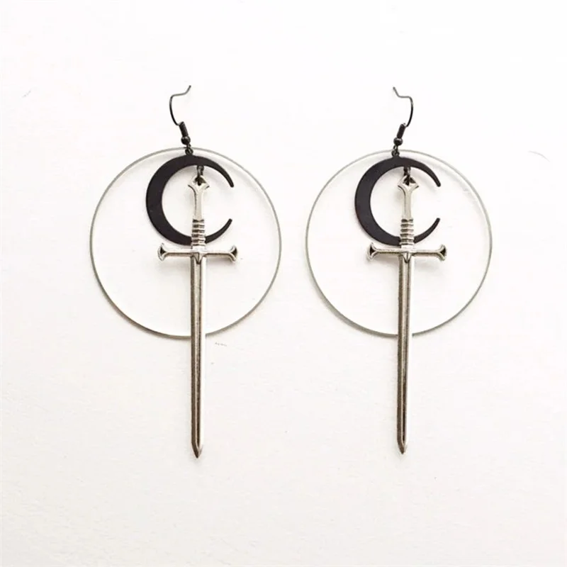 2023 New Fashion Long Swords Black Moon Earrings Witchy Warrior Pagan Gothic Medieval Silver Color Classic Warrior Gift