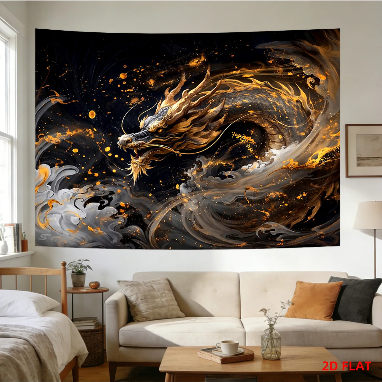 Golden Dragon Tapestry with Swirling Clouds and Glittering Sparks on Dark Background 180x280cm Wall Decor