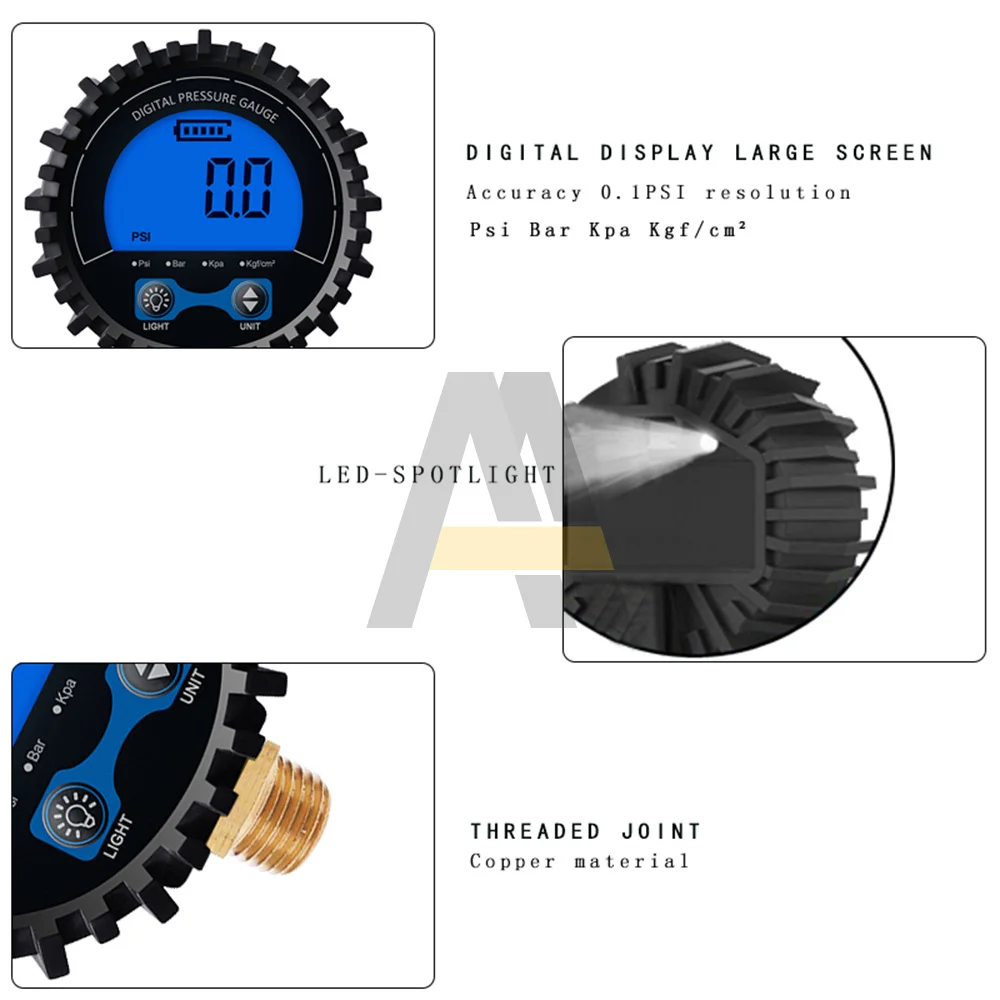 Jauge de pression d\'air numérique pour voiture et moto, écran LCD rétro4.2, filetage en cuivre, haute précision, 3-255PSI