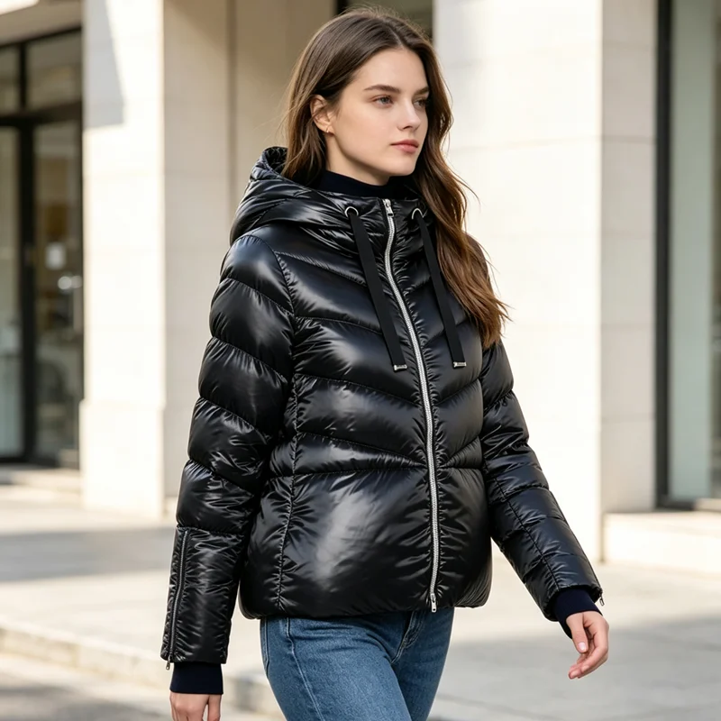 European Style Women Glossy Short Puffer Coat Hood Drawstring Zipper Sleeve Warm Light Padded Winter Jacket For Daily Outdoor