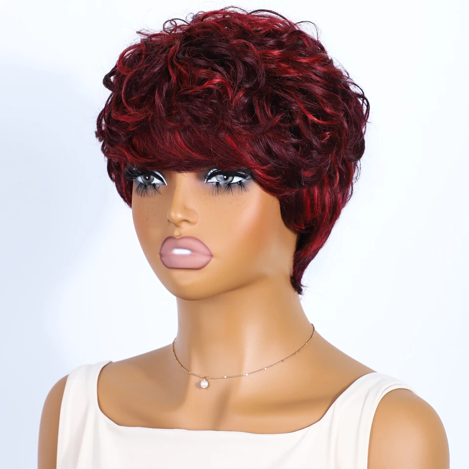 Lekker Highlight Red 99J Short Pixie Cut Bob 100% Human Hair Wigs For Women Brazilian Remy Hair Colored Full Machine Made Wigs