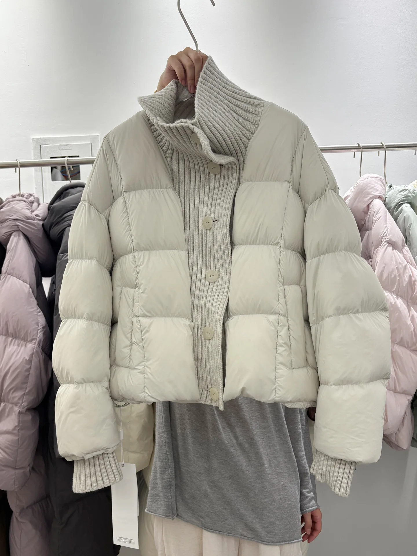 Women's Short Down Coat Knitting Spliced Stand Collar Puffer Jacket Winter Single Breasted Loose Casual Chic Thick Warm Overcoat