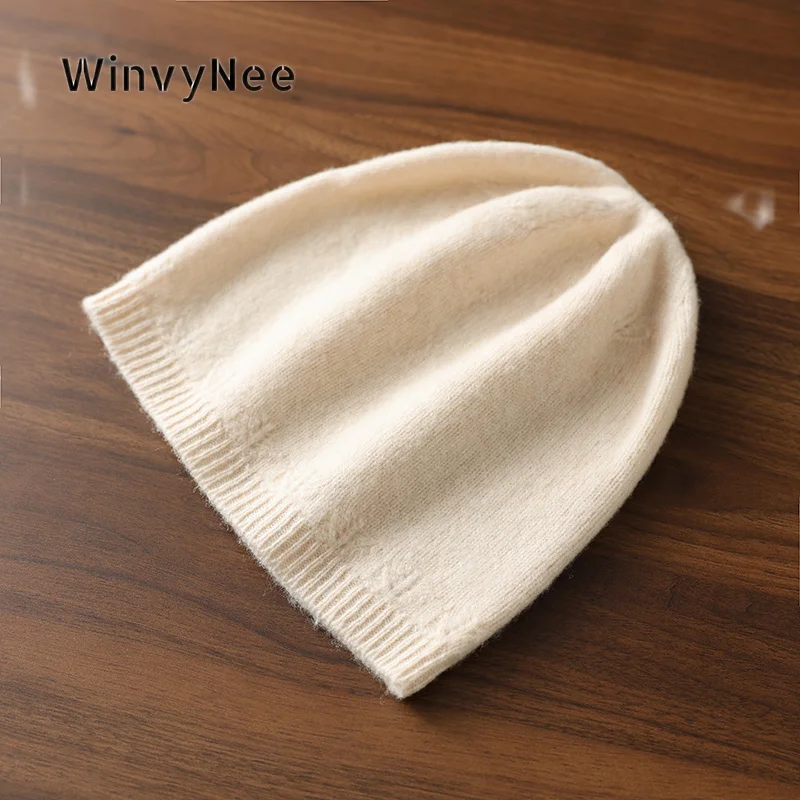 WinvyNee Women 100% Wool Elastic Knit Beanie Cap Comfort Loose Skull Bonnet Autumn Winter Windproof Minimalist Soft Hat I1883029