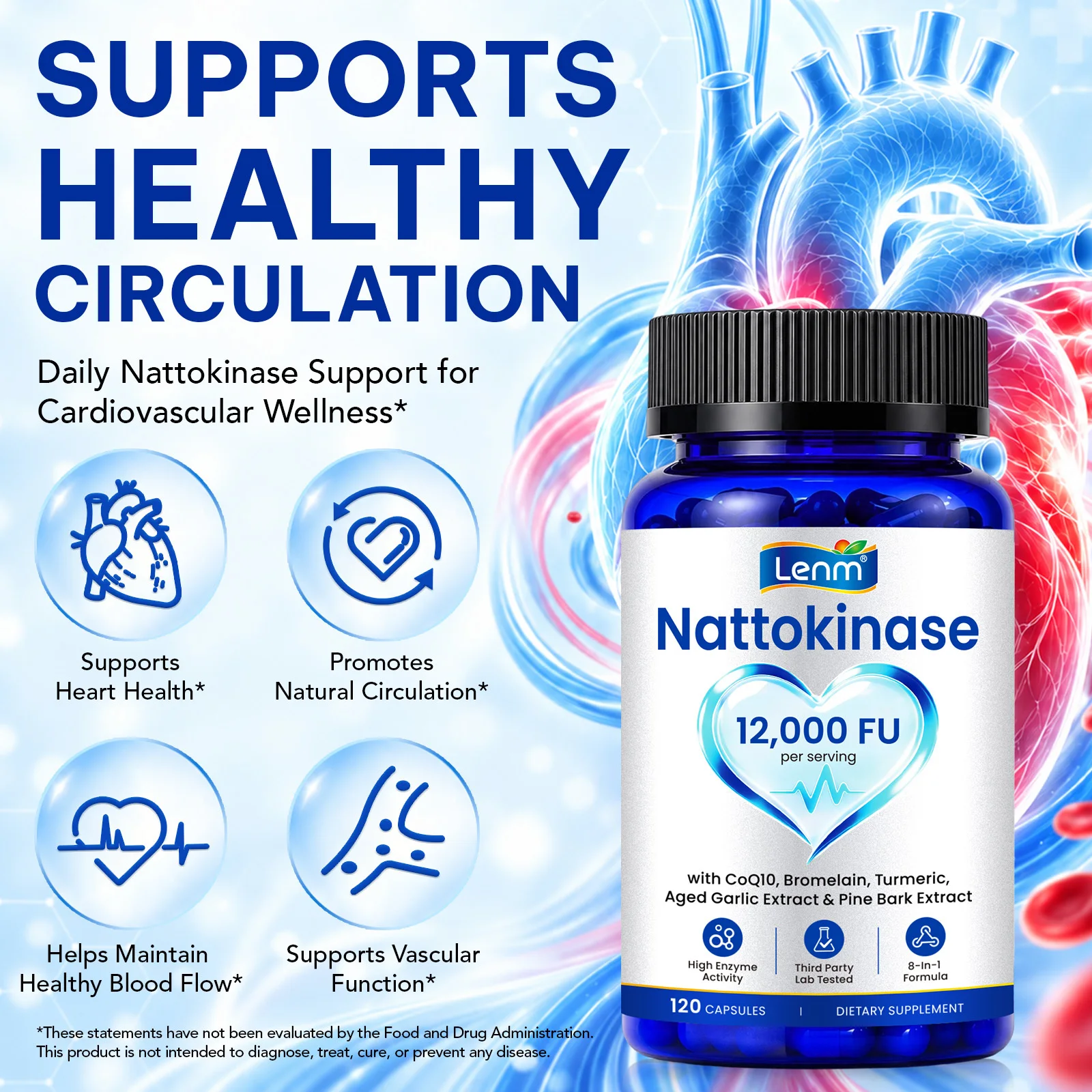 Nattokinase Capsules,Supports Heart Health & Vascular Wellness,Digestive Comfort & Energy Management,with 12,000 FU,CoQ10,120 Ct