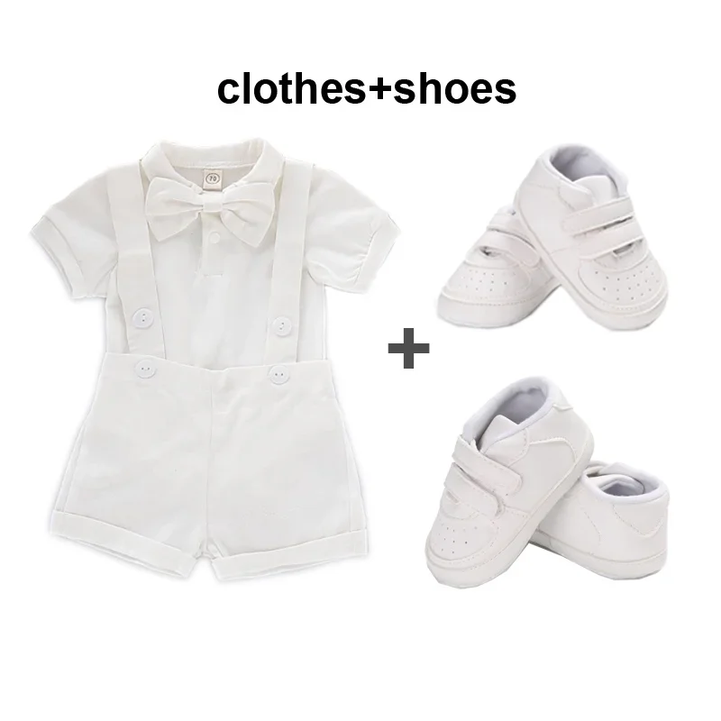 White Christening Clothes Baby Boys Gentleman Romper with Suspender Pants Shoes  Birthday Cake Smash Outfit 0-24M