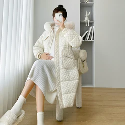 Long Loose Fuzzy Fur Hooded Maternity Coats with Pockets Plus Size Pregnant Women's Outwear Fashion Pregnancy Jackets Down Coat