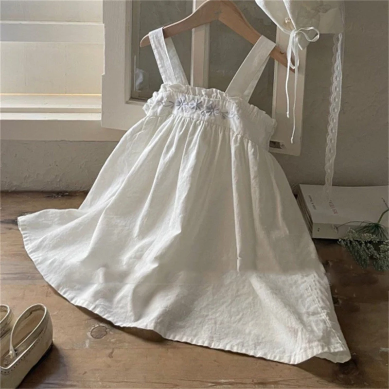 Summer Clothing New Baby Girls Dress For Children Temperament Simple Flower Embroidery With Wooden Ear Edge Strap Doll Dress