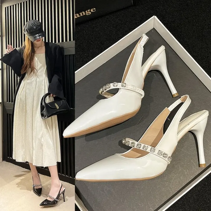 

NEW Women's Sandals Spring Summer New Fashion Chain High Heel Banquet Shallow Toe Baotou Thin Heel Pumps Bling Shoes Comfort 40