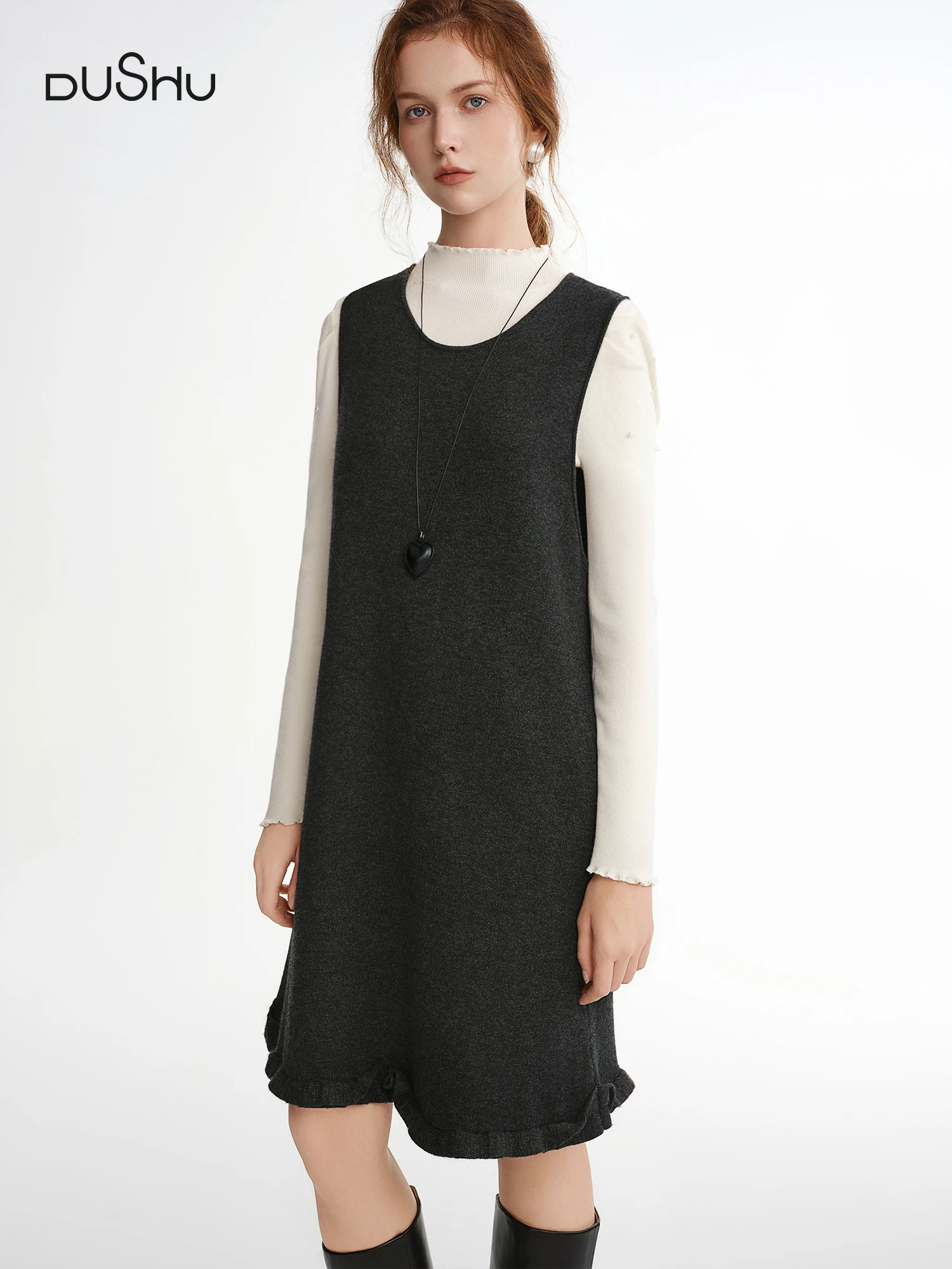 

DUSHU Ruffled Mini Sleeveless Dresses Women Knitted Bottom Vest Vestidos Korean Style Temperament Ins Simple Chic Princess