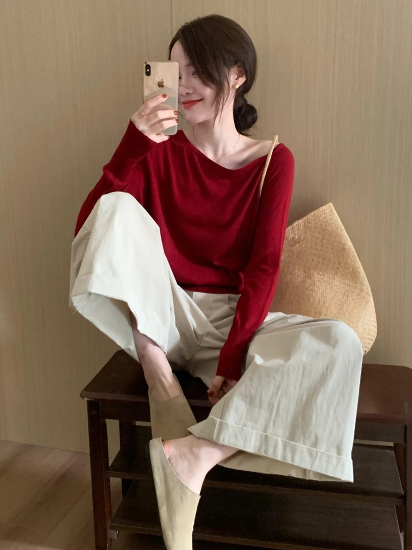 

Футболка Ele Slant oulder Long Sve, женская осенняя модная утягивающая футболка, модный универсальный повседневный свободный крой из полиэстера