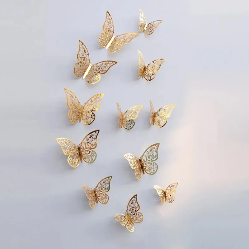 12pcs/lot Metal Inspired Hollow 3D Paper Butterfly Decorations for Parties, Festivals, Weddings, Birthdays, Wall Stickers