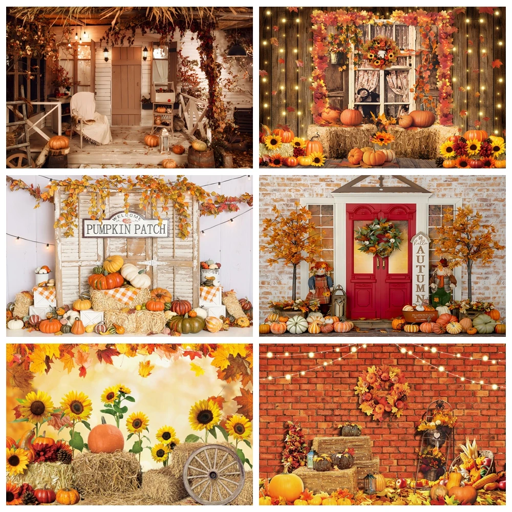 

Autumn Backdrop Pumpkins Wood Barn Door Glitter Lights Maple Leaves Haystack Birthday Party Baby Portrait Photography Backgroun