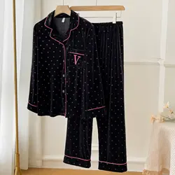 2024 Autumn New Pajamas Velvet Dot Print 2Pcs Top&pants Lady Warm Home Clothes Sexy Trousers Suit Loose Sleepwear Women Pjs