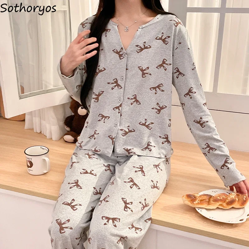 

Pajama Sets Women Long Sleeve Sweet Printed Homewear Sleepwear Autumn Students Dormitory Classic Female Clothing Ulzzang Trendy