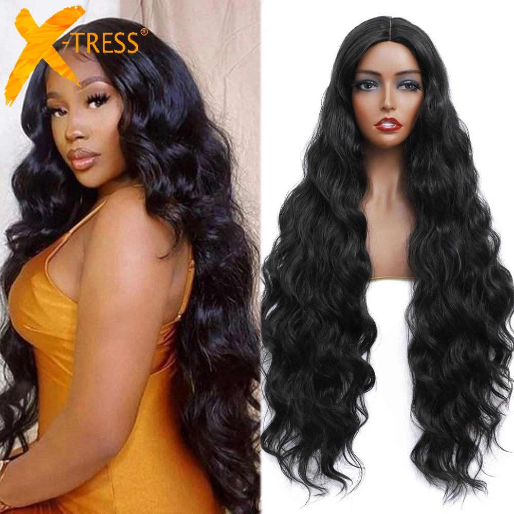 

X-TRESS Long Synthetic Lace Wigs For Women 34inch Body Wave Middle Part Heat Resistant Fiber Hair Wig Natural Soft 150% Density