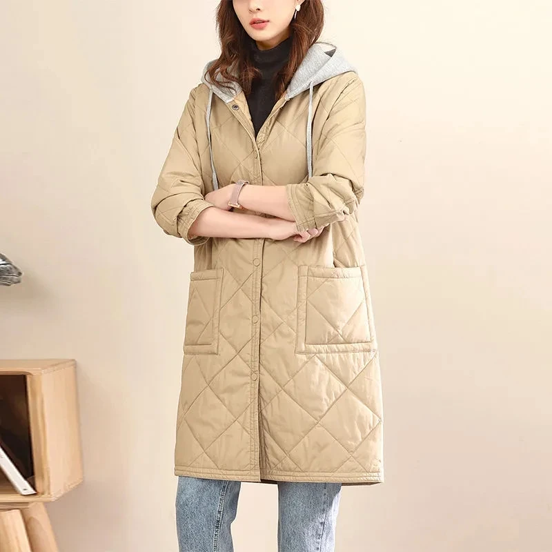 

Cotton Jacket Women 2023 Autumn Winter New Diamond Checker Fashion Casual Padded Coat Female Large Size Thin Hooded Parkas